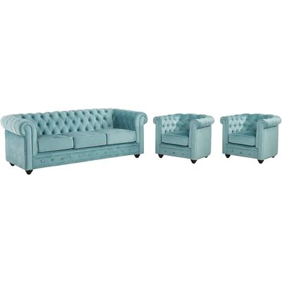 Ensemble Canapé et Fauteuil Chesterfield Velours Bleu Ciel Ensemble Canapé et Fauteuil Chesterfield Velours Bleu Ciel