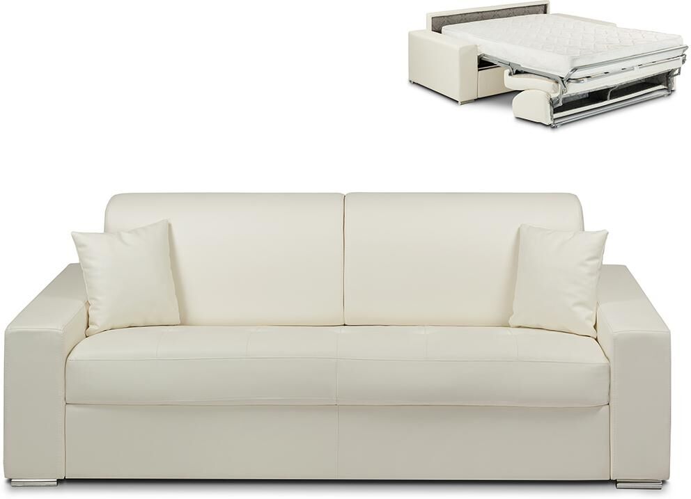 Vente-unique.be Canapé 4 places convertible express en simili EMIR - Blanc - Couchage 160 cm - Matelas 18 cm