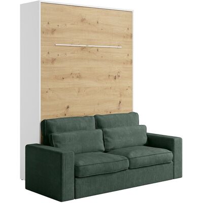 Vente-unique Lit escamotable 140 x 200 cm - Ouverture verticale manuelle - Avec LEDs - Blanc et naturel + Canapé en velours côtelé vert sapin - RAPILI Vente-unique Lit escamotable 140 x 200 cm - Ouverture verticale manuelle - Avec LEDs - Blanc et naturel + Canapé en velours côtelé vert sapin - RAPILI