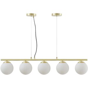 Vente-unique Lustre en métal et verre blanc - 5 globes - L. 100 x H. 120 cm - Doré - SOFIA Vente-unique Lustre en métal et verre blanc - 5 globes - L. 100 x H. 120 cm - Doré - SOFIA