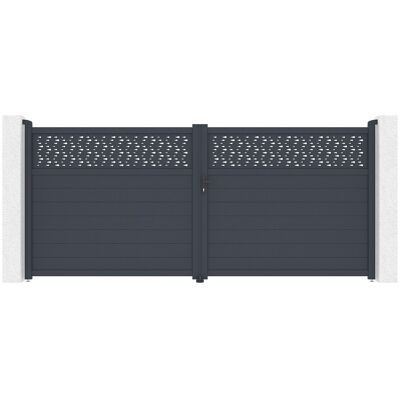 Vente-unique Portail battant aluminium semi plein à motifs L397 x H180 cm anthracite - BAZIO Vente-unique Portail battant aluminium semi plein à motifs L397 x H180 cm anthracite - BAZIO