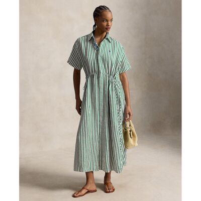POLO RALPH LAUREN Robe chemise rayée manches courtes midi en lin et coton POLO RALPH LAUREN Robe chemise rayée manches courtes midi en lin et coton