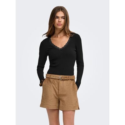 ONLY T-shirt manches longues côtelé, col V en dentelle ONLY T-shirt manches longues côtelé, col V en dentelle