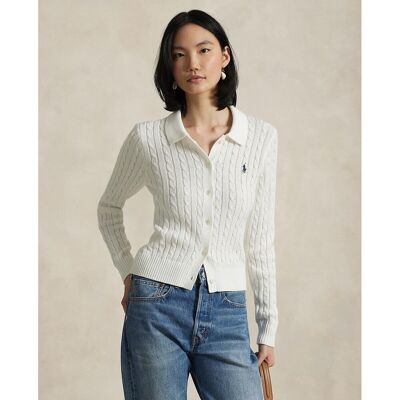 POLO RALPH LAUREN Cardigan à col polo et à manches longues, en maille torsadée POLO RALPH LAUREN Cardigan à col polo et à manches longues, en maille torsadée