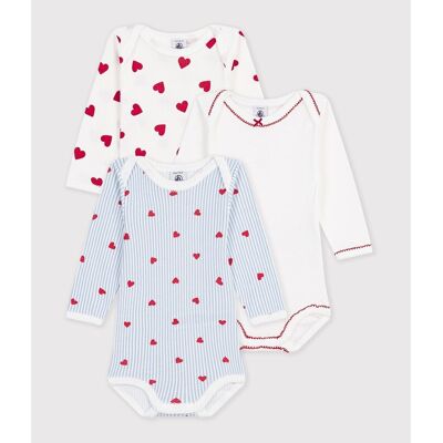 PETIT BATEAU Lot de 3 bodies, emmanchures américaines, manches longues, coton, imprimé coeurs PETIT BATEAU Lot de 3 bodies, emmanchures américaines, manches longues, coton, imprimé coeurs