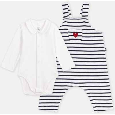 PETIT BATEAU Ensemble salopette rayée et body en molleton, motif coeur PETIT BATEAU Ensemble salopette rayée et body en molleton, motif coeur