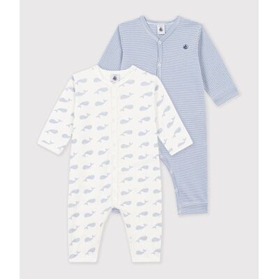 PETIT BATEAU Lot de 2 pyjamas sans pieds en coton, imprimés baleines et rayures PETIT BATEAU Lot de 2 pyjamas sans pieds en coton, imprimés baleines et rayures