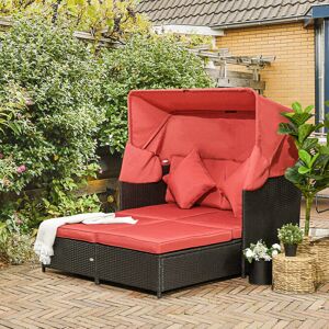 Outsunny Patio Wicker Double Outdoor Daybed, Outdoor PE Rattan Sun Lounger for 2-Person w/ Cushions Foldable Awning for Garden, Red   Aosom Canada