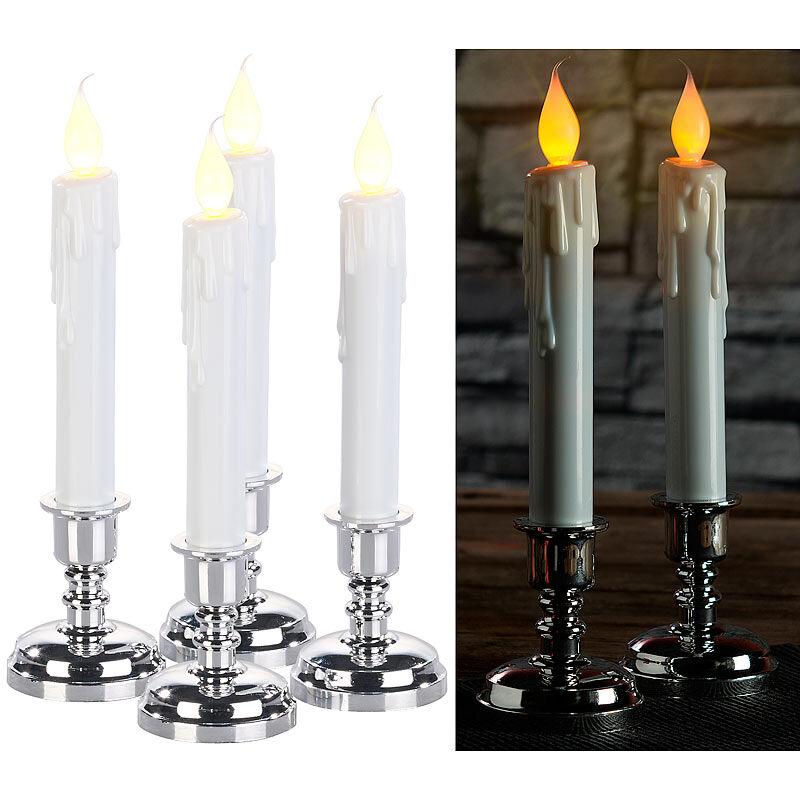 Britesta 4er-Set LED-Stabkerzen mit silbernem Kerzenständer, flackernde Flamme