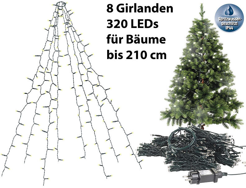 Lunartec Weihnachtsbaum-Überwurf-Lichterkette mit 8 Girlanden & 320 LEDs, IP44