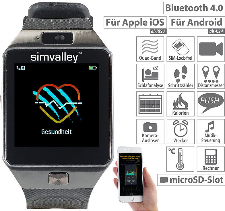 simvalley MOBILE Handy-Uhr & Smartwatch mit Kamera, Bluetooth 4.0, für iOS & Android