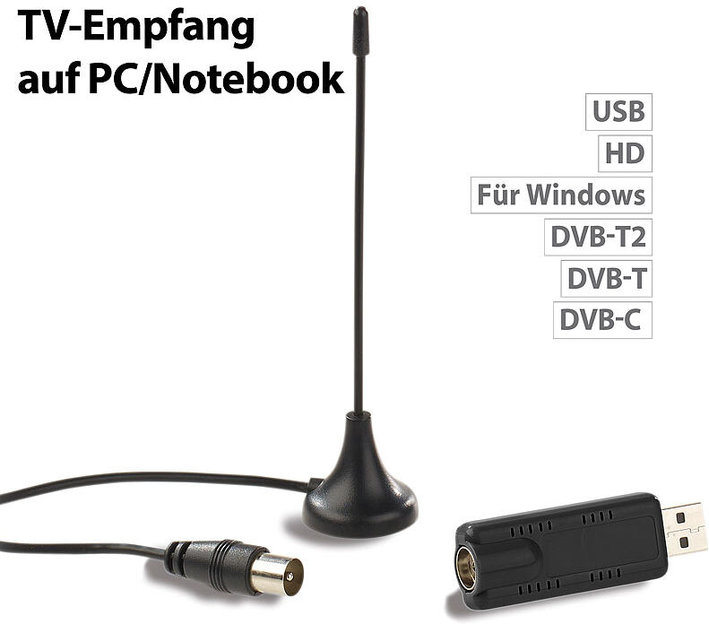 auvisio DVB-T2/C-USB-Stick für TV-Empfang auf PC mit Windows, H.265