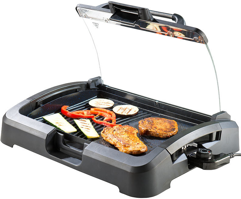 Rosenstein & Söhne XL-Tischgrill m. Glasdeckel, Keramik-beschichtete Grillplatte, 2.200 W