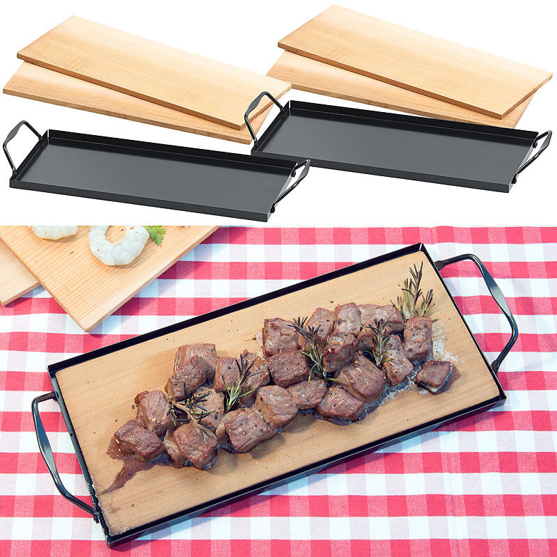 Rosenstein & Söhne 4 Zedernholz-Grillbretter für Holzkohle- & Gasgrills, mit Metallrahmen