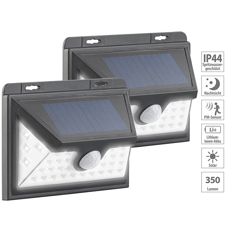 Luminea 2er-Set Solar-LED-Wandleuchten, Bewegungs-Sensor, Akku, 350 lm, 7,2 W