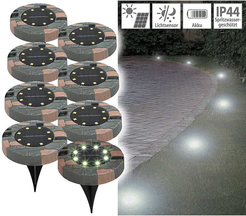 Lunartec Solar Bodenleuchte mit 8 LEDs, IP44, warmweiß, 8er Set