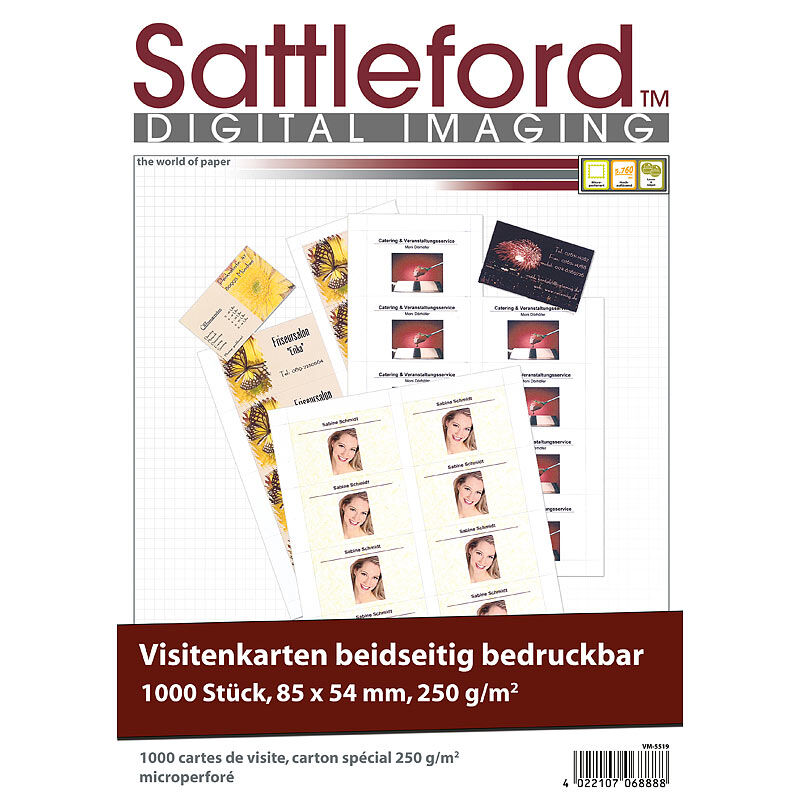 Sattleford 1.000 Visitenkarten, microperforiert, Inkjet & Laser, 250g/m², 85 x 54