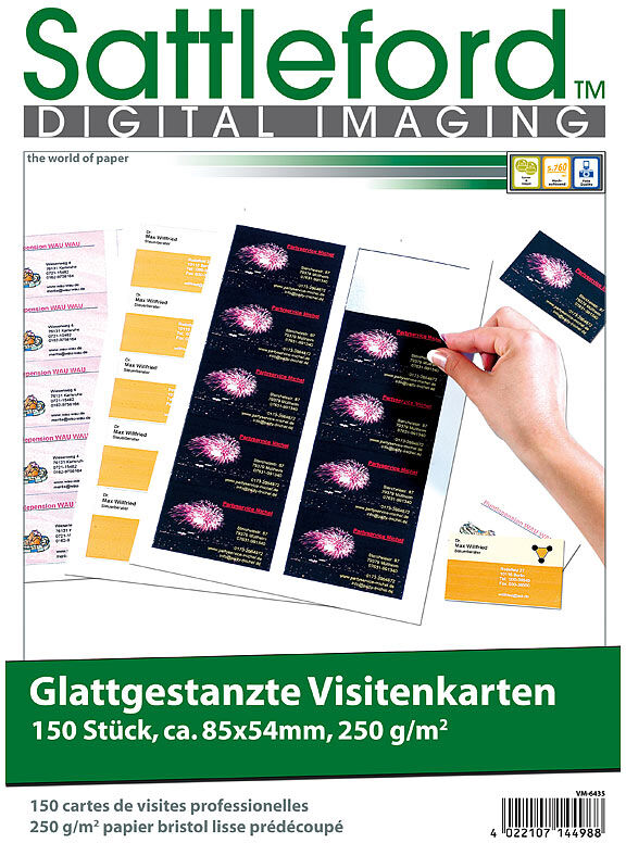 Sattleford 150 Business-Visitenkarten mit glatten Kanten, Laser & Injekt, 250g/m²