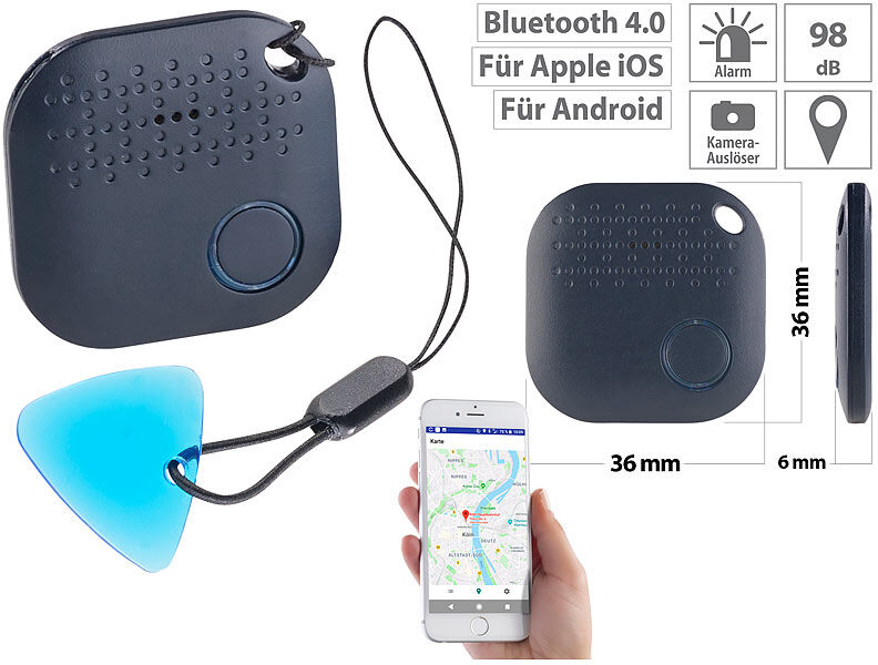 Callstel 4in1-Mini-Schlüsselfinder mit Bluetooth, App & GPS-Ortung, 98 dB