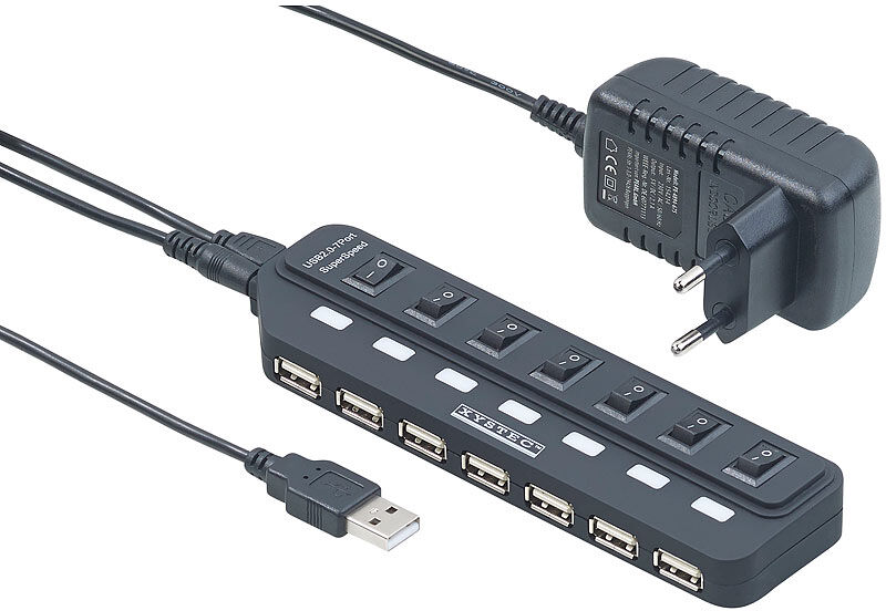 Xystec Aktiver USB-2.0-Hub mit 7 Ports, einzeln schaltbar, 2-A-Netzteil