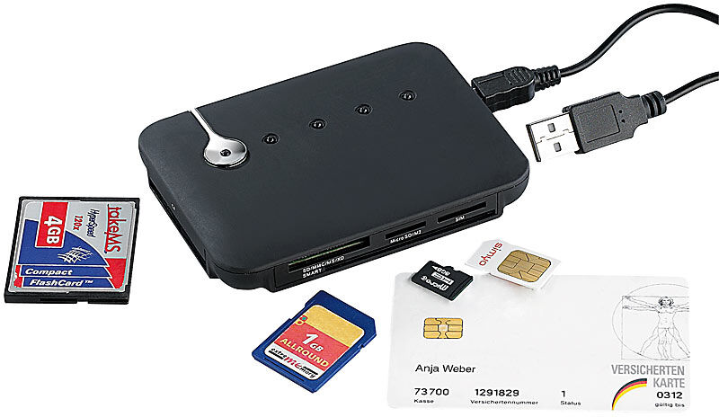 c-enter Multi-Card- und SIM-Reader mit aktivem USB-2.0-Hub, 3 Ports