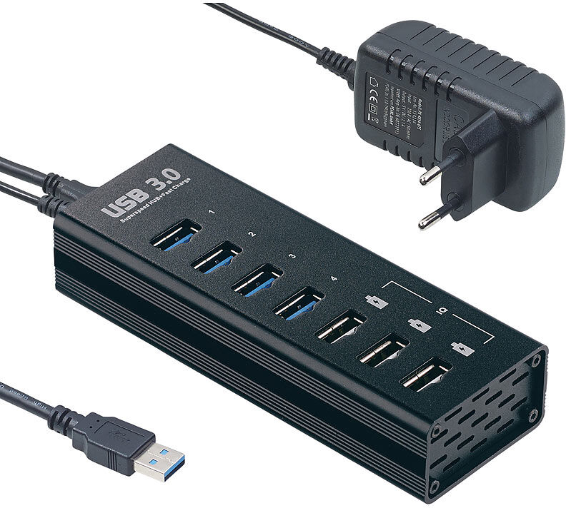 Xystec Aktiver USB-3.0-Hub mit 4 Ports & 3 Schnell-Lade-Buchsen (BC 1.2), 4 A