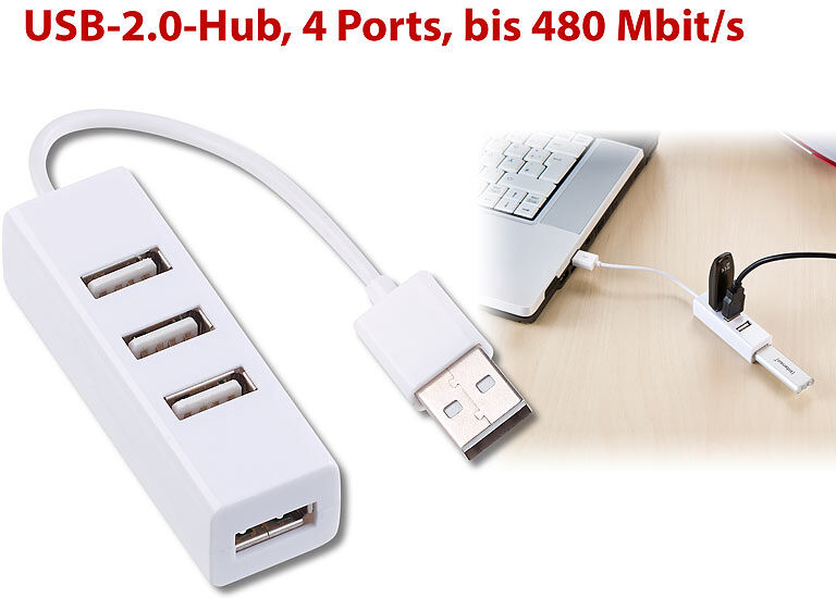 Xystec Superkompakter USB-2.0-Hub mit 4 Ports, bis 480 Mbit/s