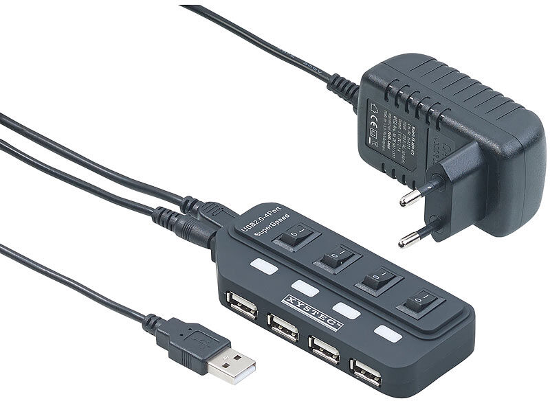 Xystec Aktiver USB-2.0-Hub mit 4 Ports, einzeln schaltbar, 2-A-Netzteil