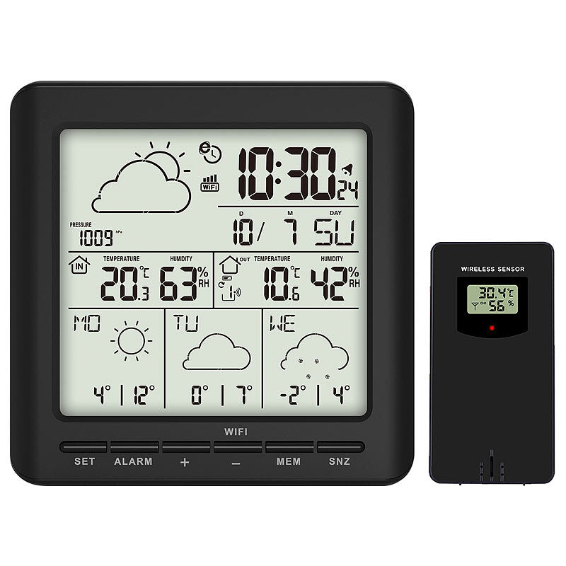 infactory WLAN-Funk-Wetterstation mit Außensensor, LCD-Display, Wettertrend, App