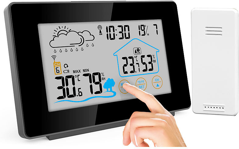 infactory Funk-Wetterstation mit Außensensor, Display-Touchfunktion, Wettertrend