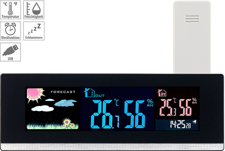 infactory Tisch-Wetterstation, Funk-Außensensor, Farb-LCD-Display, USB-Ladeport