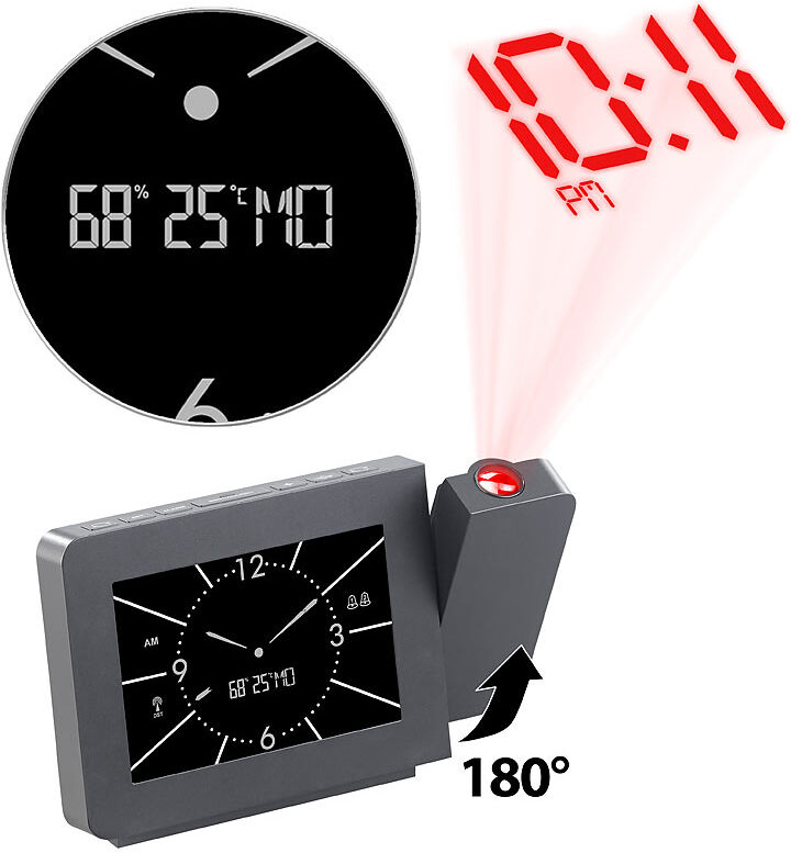 infactory Projektions-Funkwecker, Analog-Look, Thermo-/Hygrometer, 2 Weckzeiten