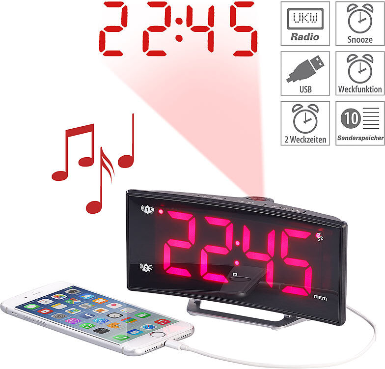 auvisio Projektions-Radiowecker mit Curved-Display, Dual-Alarm & USB-Ladeport