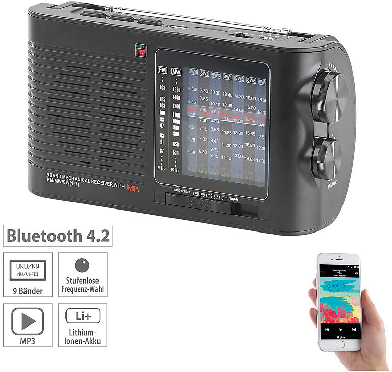 auvisio Analoger 9-Band-Weltempfänger mit Bluetooth, USB, SD, AUX und Akku