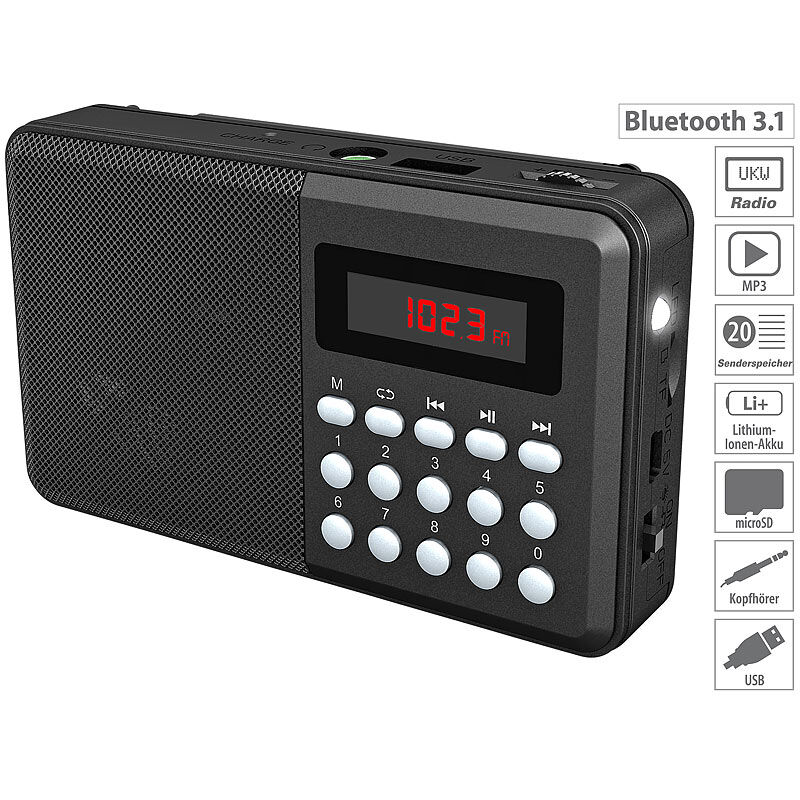 auvisio FM-Taschenradio, Bluetooth, MP3-Player, Display, USB, microSD & Akku