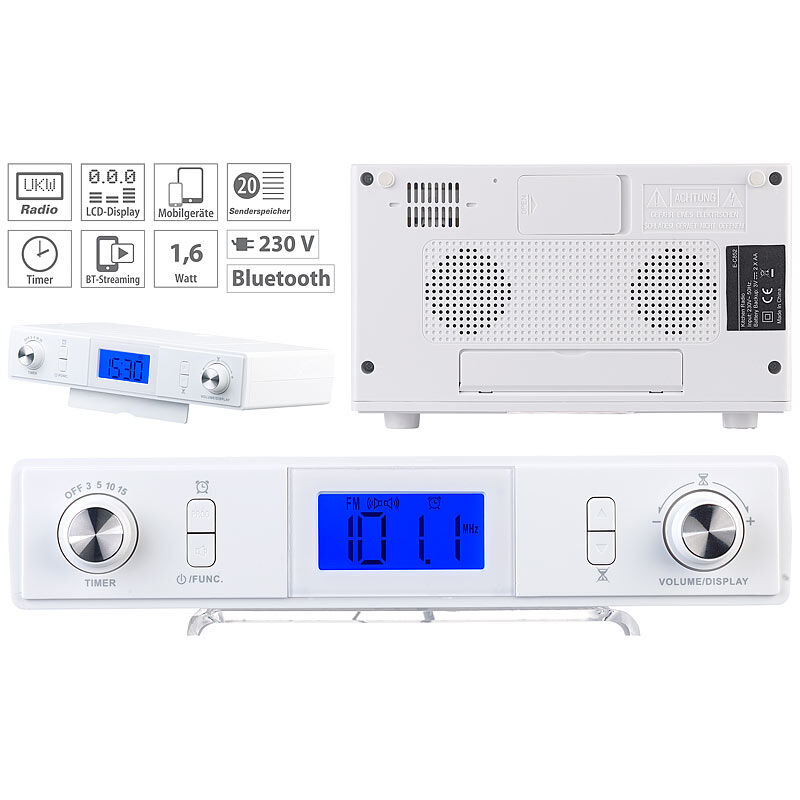 auvisio Stereo-FM-Küchen-Unterbauradio mit Bluetooth, Timer, Wecker, LCD, PLL
