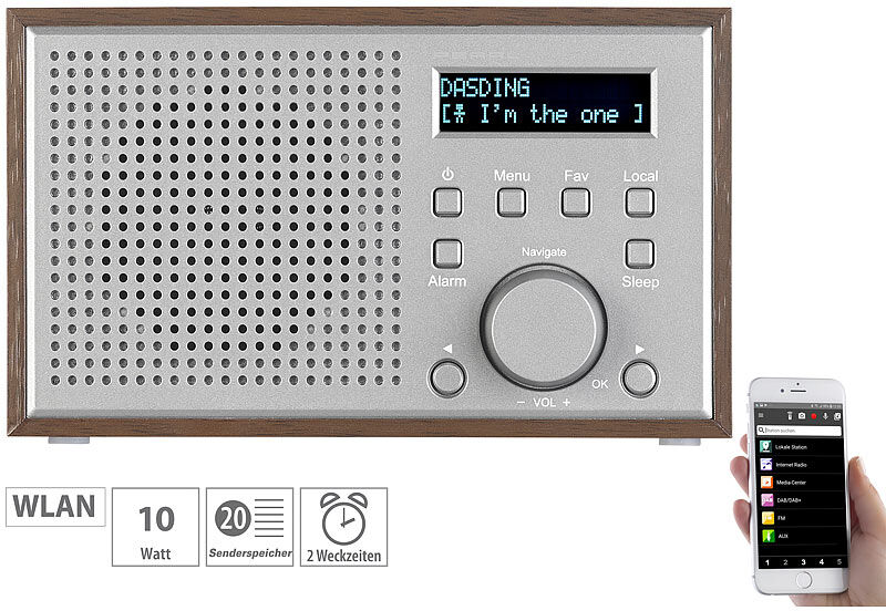 auvisio WLAN-Internetradio mit Holzdesign-Gehäuse, 2 Weckzeiten & App, 10 Watt