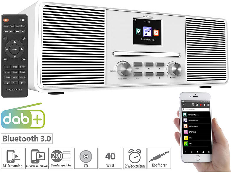 VR-Radio Stereo-Internetradio mit CD-Player, DAB+/FM & Bluetooth, 40 Watt, weiß