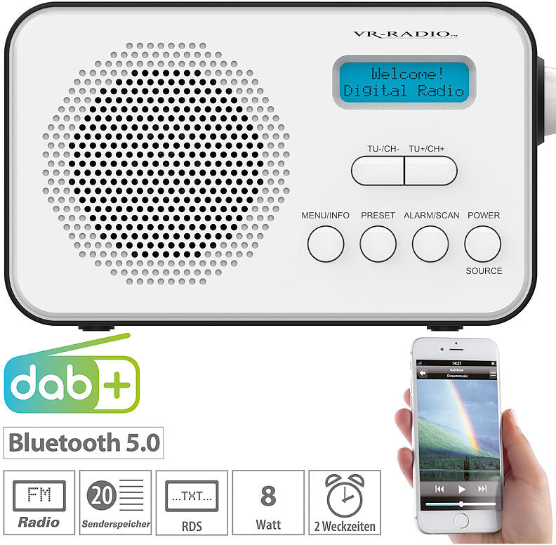 VR-Radio Mobiles Akku-Digitalradio mit DAB+ & FM, Wecker, Bluetooth 5, 8 Watt