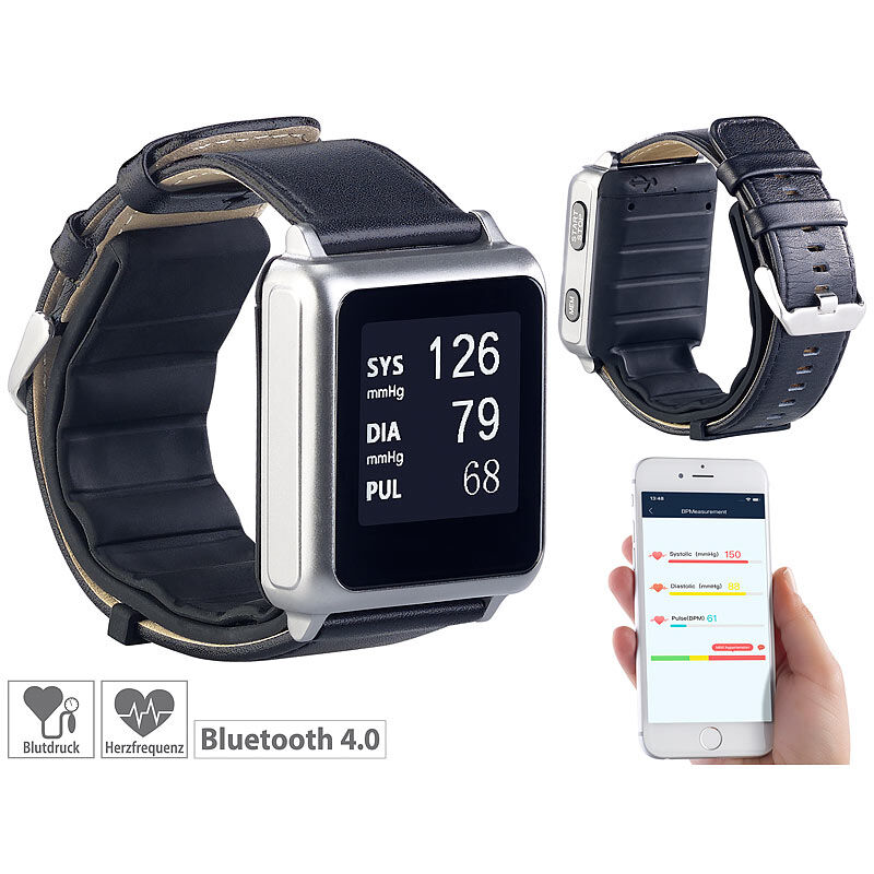 newgen medicals Blutdruck-Armbanduhr mit Pumpe, E-Ink-Display, Bluetooth & App