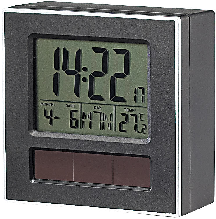 infactory Solar-Funkwecker DCF mit LCD-Display, Kalender & Thermometer