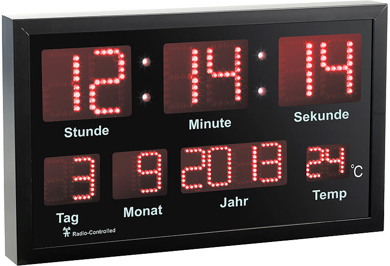 Lunartec LED-Funk-Tisch- und Wanduhr mit Datum und Temperatur, 412 rote LEDs