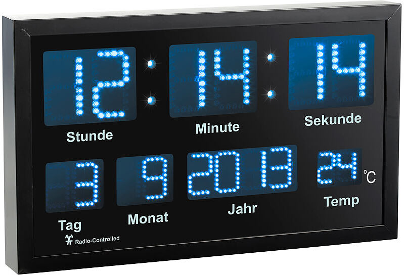 Lunartec LED-Funk-Tisch- und Wanduhr mit Datum und Temperatur, 412 blaue LEDs