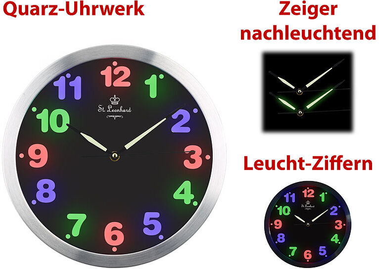 St. Leonhard Wanduhr mit bunter LED-Zifferbeleuchtung und Quarz-Uhrwerk