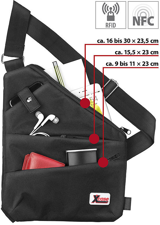 Xcase Crossbody-Tasche mit 3 Fächern, RFID- & NFC-Blocker, unisex, schwarz