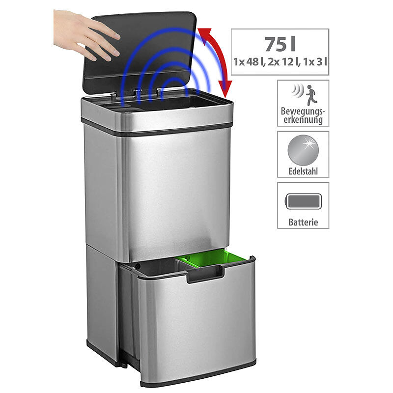 infactory Design-Mülltrenn-System mit Sensor, 4 Behälter, Edelstahl, 72 Liter