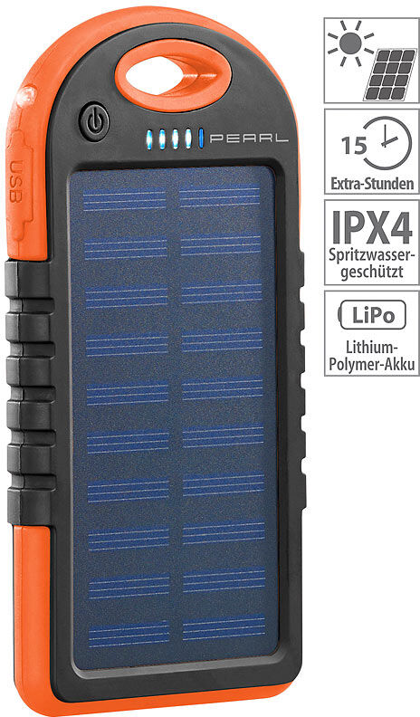 Pearl Solar-Powerbank mit Taschenlampe, 3.000 mAh, 2x USB, 1 A, IPX4