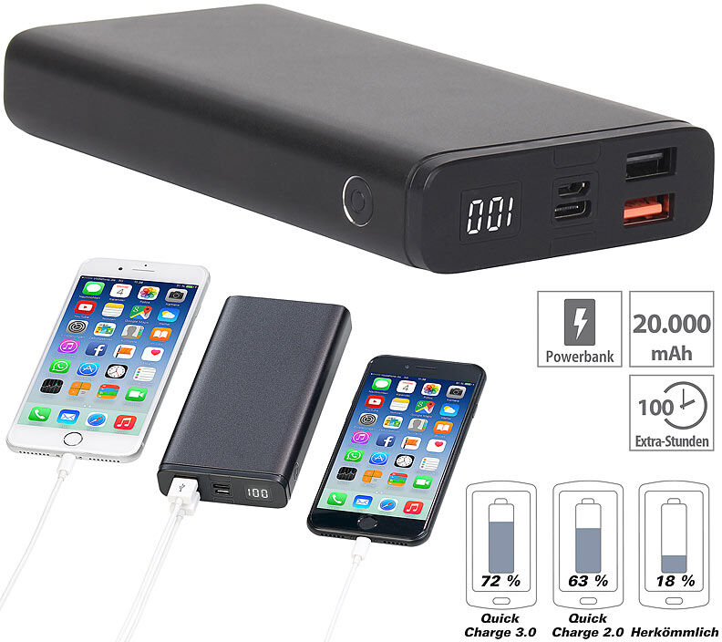 revolt Powerbank mit Quick Charge 3.0 und USB Typ C PD, 20.000 mAh, 3 A, 18 W