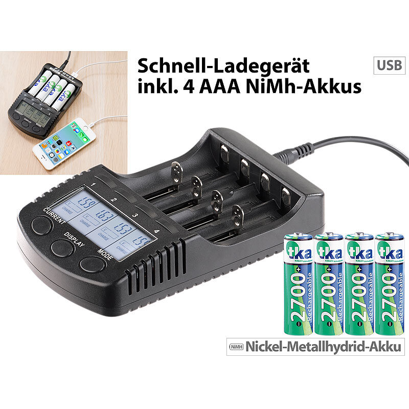 tka Köbele Akkutechnik Hochleistungs-Schnell-Ladegerät mit Display und 4 NiMH-Akkus Typ AA