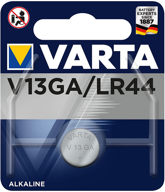 Varta Electronics Alkaline-Knopfzelle, Typ LR44 / VG13GA, 155 mAh, 1,5 Volt